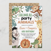 ツインズブラウングリーンコールパーティー動物誕生日 招待状 (正面/裏面)