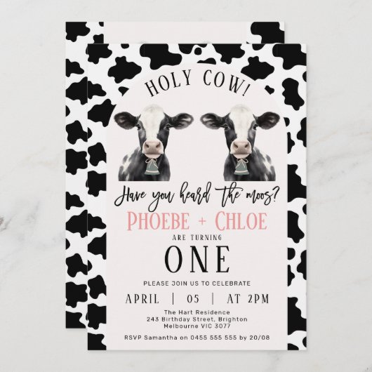 ツインズブラック牛プリントアーチホーリーカウー1歳の誕生日 招待状 (正面/裏面)
