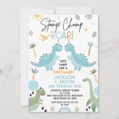 ツインズブルーグリーンパーティーのような恐竜の誕生日 招待状 (正面)