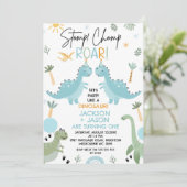 ツインズブルーグリーンパーティーのような恐竜の誕生日 招待状 (スタンド正面)