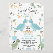 ツインズブルーグリーンパーティーのような恐竜の誕生日 招待状 (正面/裏面)