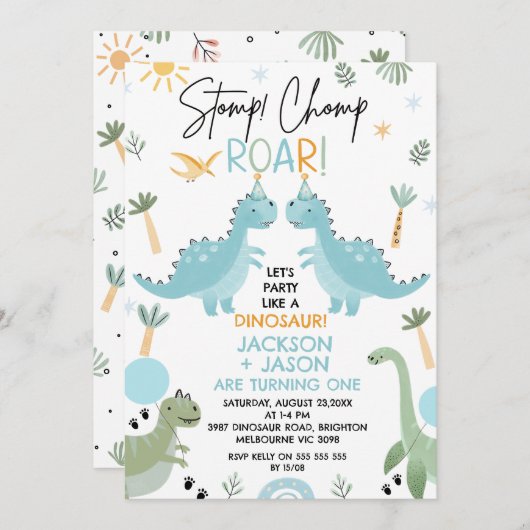 ツインズブルーグリーンパーティーのような恐竜の誕生日 招待状 (正面/裏面)