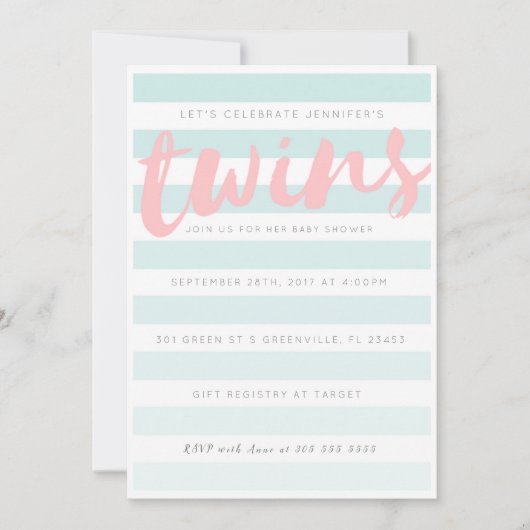 ツインズブルーピンクストライプのベビーシャワー招待状 招待状 (正面)