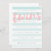 ツインズブルーピンクストライプのベビーシャワー招待状 招待状 (正面/裏面)