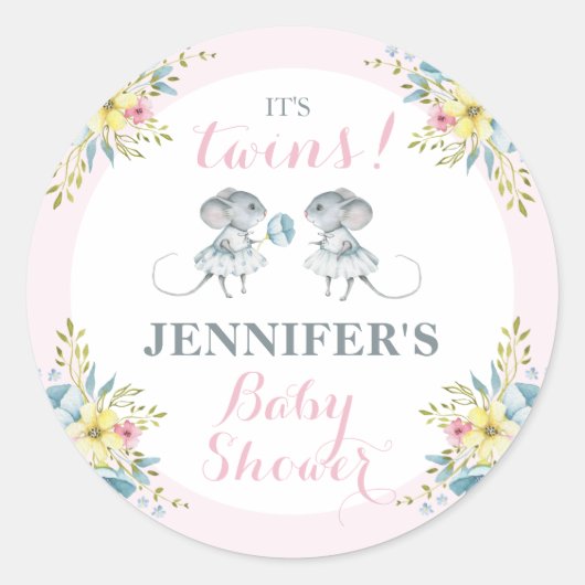ツインズブルーフローラツインガールズベビーシャワー ラウンドシール (正面)