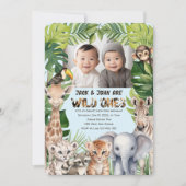 ツインズブルーワイルドワン、サファリ1歳の誕生日の写真 招待状 (正面)