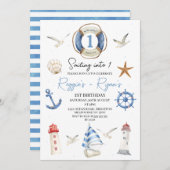 ツインズブルー航海のが1歳の誕生日にセーリング 招待状 (正面/裏面)