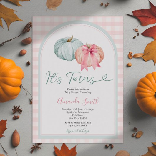 ツインズブルー&ピンクパンプキンギンガムベビーシャワー 招待状