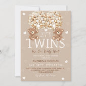 ツインズベアータンアイボリーハート&バルーン赤ちゃんシャワー 招待状 (正面)