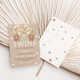 ツインズベアータンアイボリーハート&バルーン赤ちゃんシャワー 招待状