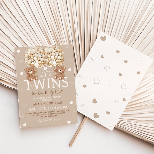 ツインズベアータンアイボリーハート&バルーン赤ちゃんシャワー 招待状