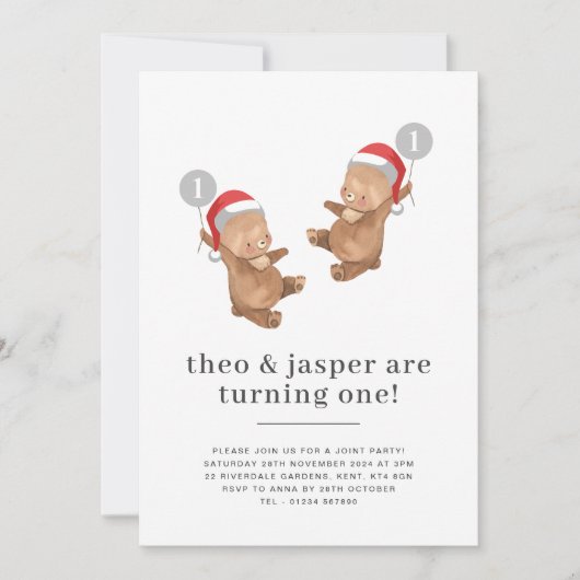 ツインズベアーバルーンサンタハットファースト誕生日 招待状 (正面)