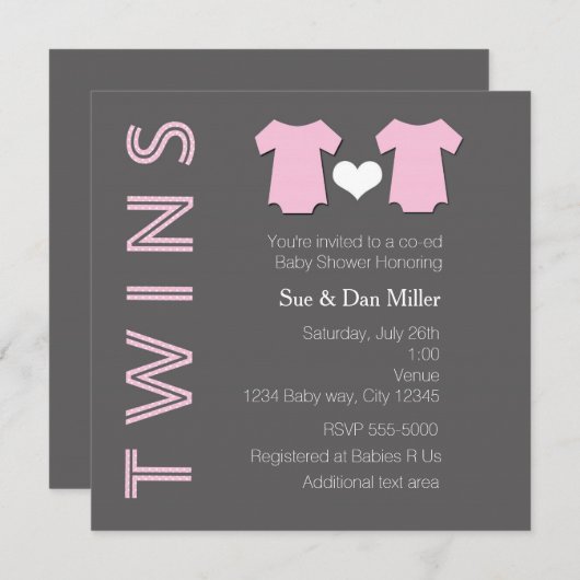 ツインズベビーガールツインピンクベビーシャワー招待状 招待状 (正面/裏面)