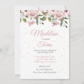 ツインズベビーシャワーかわいいライオンピンクのフローラ金ゴールド  招待状 (正面)