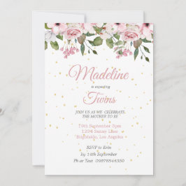 ツインズベビーシャワーかわいいライオンピンクのフローラ金ゴールド 招待状