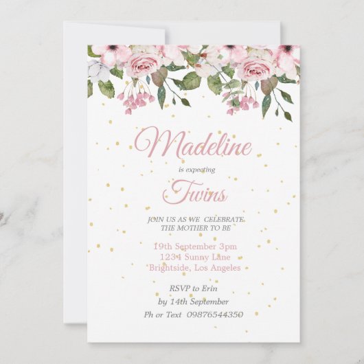 ツインズベビーシャワーかわいいライオンピンクのフローラ金ゴールド 招待状 (正面)