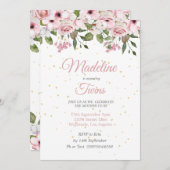 ツインズベビーシャワーかわいいライオンピンクのフローラ金ゴールド  招待状 (正面/裏面)