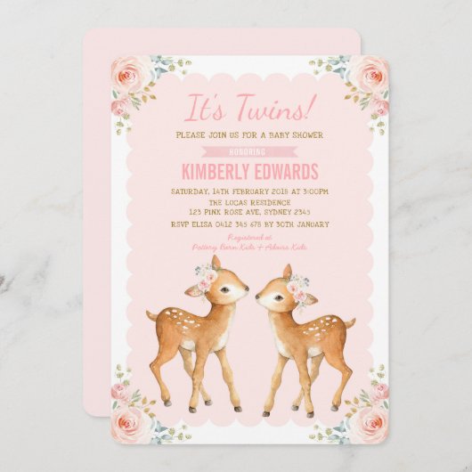 ツインズベビーシャワーガール鹿赤面ピンクフローラ 招待状 (正面/裏面)