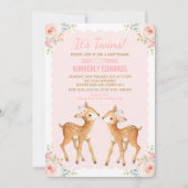 ツインズベビーシャワーガール鹿赤面ピンクフローラ 招待状 (正面)
