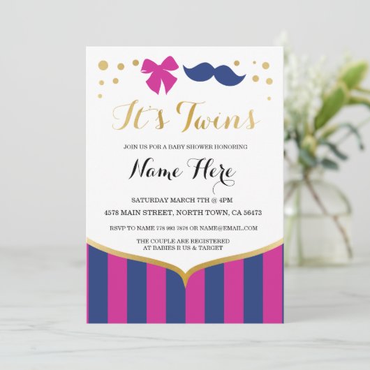 ツインズベビーシャワーネイビーピンクガールボーイ招待状 招待状 (スタンド正面)