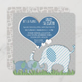 ツインズベビーシャワーハートゾウ灰色ブルーグリーン 招待状 (正面/裏面)