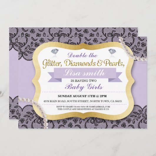 ツインズベビーシャワーパープルレースツインガールズ招待状 招待状 (正面/裏面)