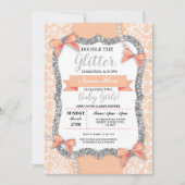 ツインズベビーシャワーピーチレースグリッターガールボウズ 招待状 (正面)