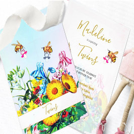 ツインズベビーシャワーブルーピンクフローラハニーミツバチ 招待状