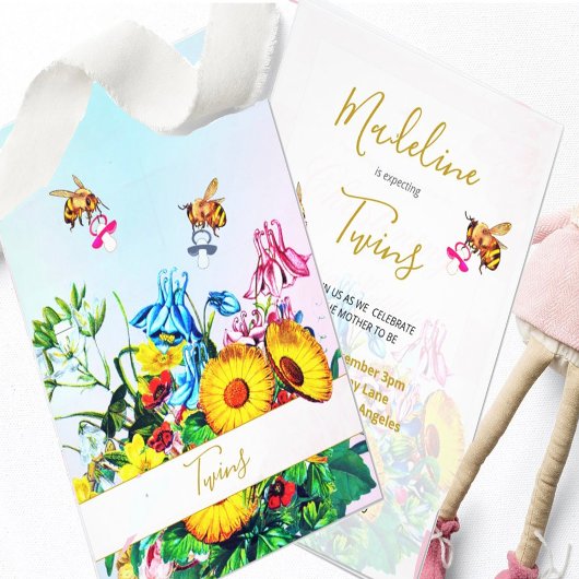 ツインズベビーシャワーブルーピンクフローラハニーミツバチ 招待状