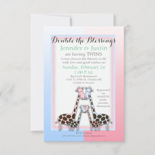 ツインズベビーシャワーベビーギラフェスブルーアンドピンク（ジェン） 招待状 (正面)