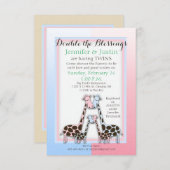 ツインズベビーシャワーベビーギラフェスブルーアンドピンク（ジェン） 招待状 (正面/裏面)