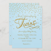 ツインズベビーシャワーライトブルー&金ゴールドドット招待状 招待状 (正面/裏面)