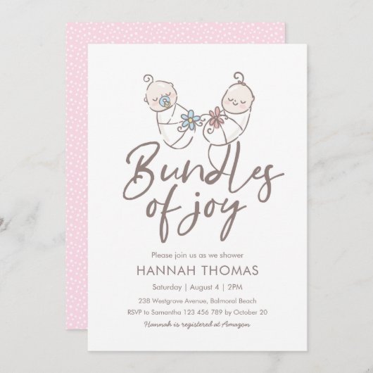 ツインズベビーシャワー招待状少年と少女 招待状 (正面/裏面)