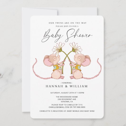 ツインズベビーベビーシャワーベビーネズミ 招待状 (正面)