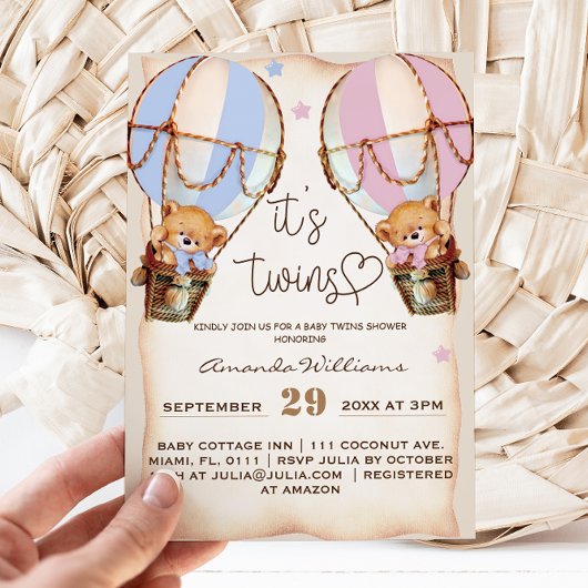 ツインズベ素朴アーボーイ&ガールピンクブルーベビーシャワー 招待状