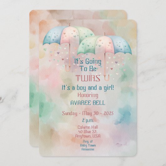 ツインズボーイアンドガールベビーシャワー招待状 招待状 (正面/裏面)