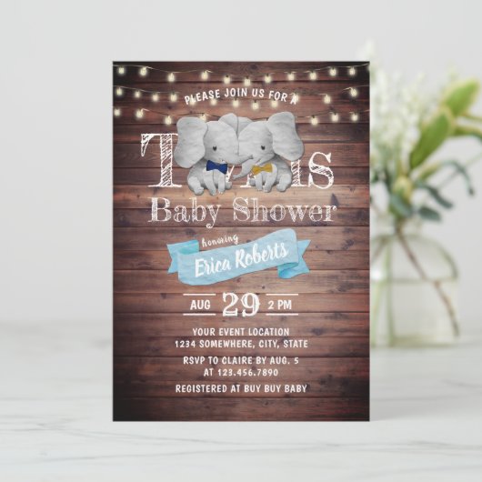 ツインズボーイエレファントバ素朴ンベビーシャワー 招待状 (スタンド正面)
