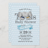 ツインズボーイエレファントブルー水玉模様ベビーシャワー 招待状 (正面/裏面)