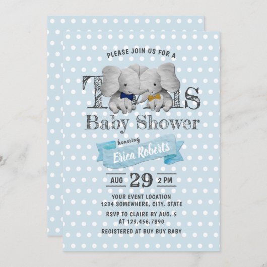 ツインズボーイエレファントブルー水玉模様ベビーシャワー 招待状 (正面/裏面)