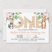 ツインズボーイガールウッドランド第1誕生日招待状 招待状 (正面)