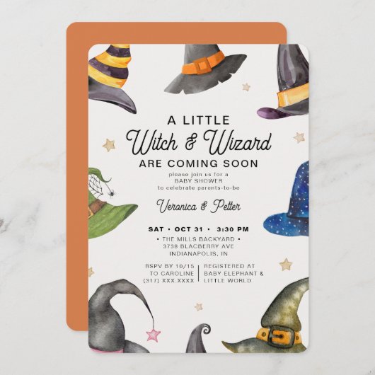 ツインズボーイガールオレンジハロウィーンベビーシャワー 招待状 (正面/裏面)