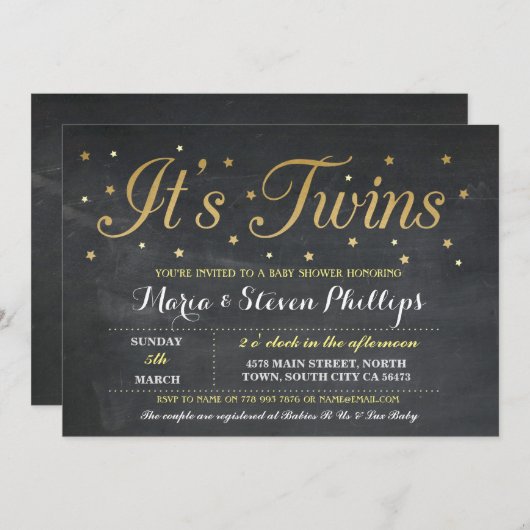 ツインズボーイガールチョーク金ゴールドベビーシャワー招待状 招待状 (正面/裏面)