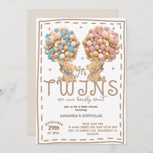 ツインズボーイガールベアーピンクブルーバルーンベビーシャワー 招待状 (正面/裏面)