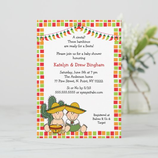 ツインズボーイガールメキシカンフィエスタベビーシャワー招待状 招待状 (スタンド正面)