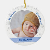 ツインズボーイガール写真おじさん初めてのクリスマスベビー セラミックオーナメント (正面)