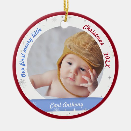 ツインズボーイガール写真最初のメリー小さなクリスマス セラミックオーナメント (正面)