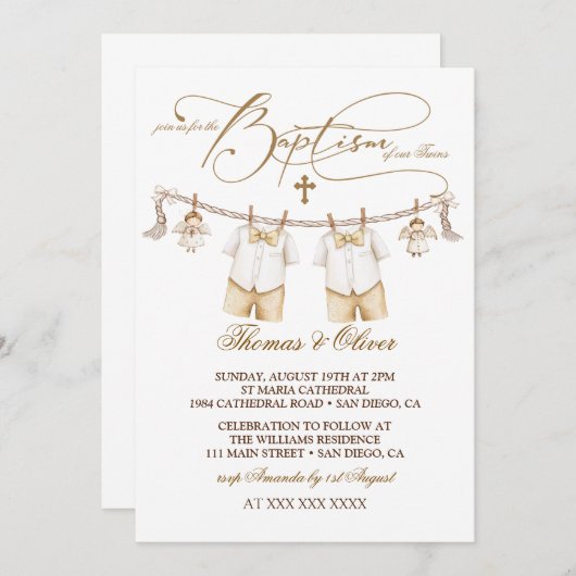 ツインズボーイズバプテスマ《キリスト教》洗礼式や命名式 招待状 (正面/裏面)