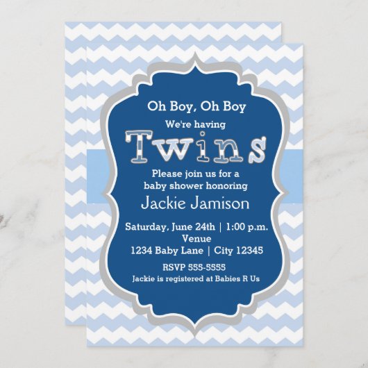 ツインズボーイズブルーシェブロンベビーシャワー招待状 招待状 (正面/裏面)