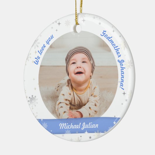 ツインズボーイズ写真ゴドマザー初めてのクリスマスベビー セラミックオーナメント (左)