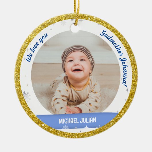 ツインズボーイズ写真ゴドマザー初めてのクリスマスベビー セラミックオーナメント (正面)